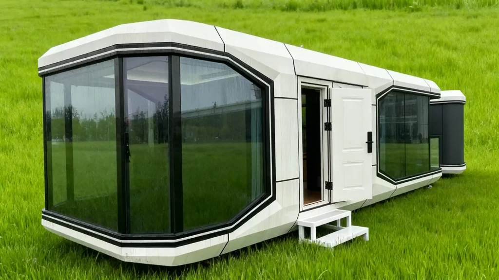 Jimeng 2025 11 12 2965 参考图1和图2，生成绿色草地背景的六边形太空舱，大面积玻璃幕墙，现代科技感外观 1024x576