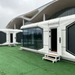 jimeng-2025-11-12-4636-参考图1和图2，生成绿色背景的太空舱展示区，多个不同造型的舱体排列，科技感十足