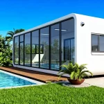 jimeng-2025-11-12-6373-参考所有上传图片，生成白色现代太空舱，大面积落地窗，周围有泳池和绿植，高端度假风...