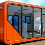 jimeng-2025-11-12-9386-参考所有上传图片，生成橙色金属外壳的太空舱，工业设计感，透明玻璃结构