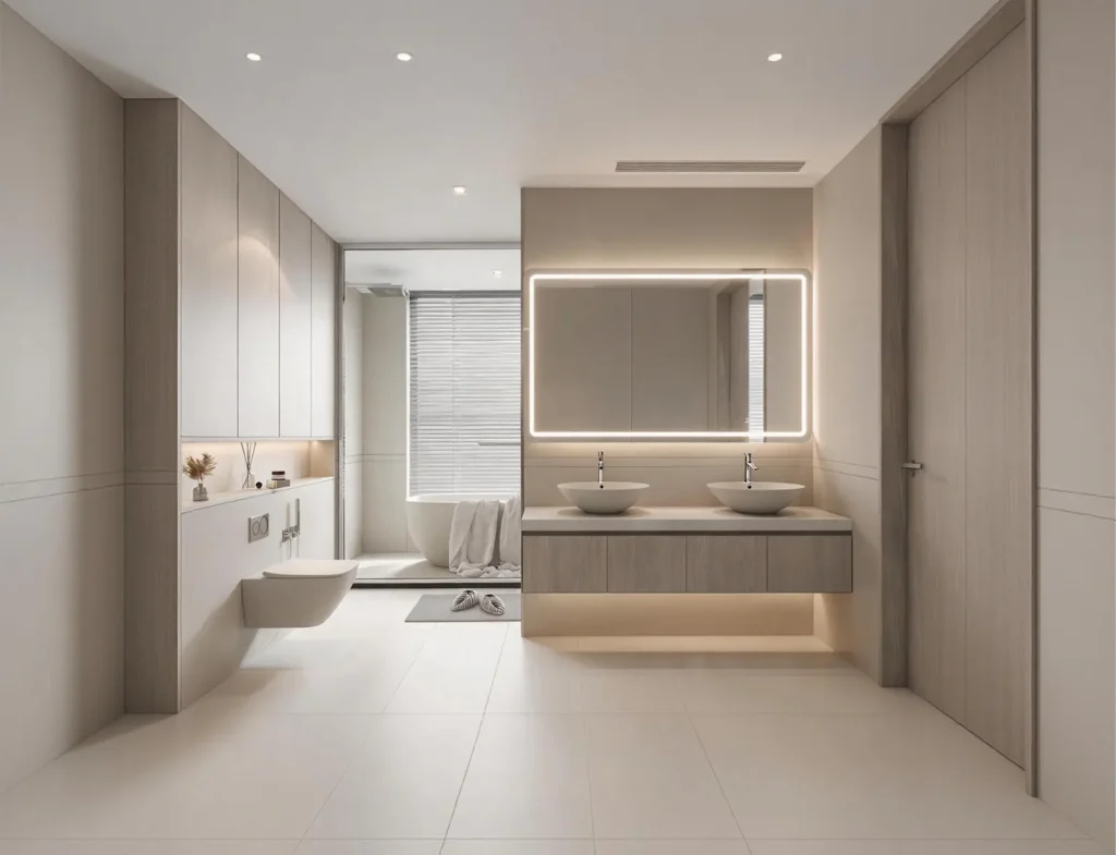Custom double sink aluminum bathroom vanity for spacious modern bathrooms