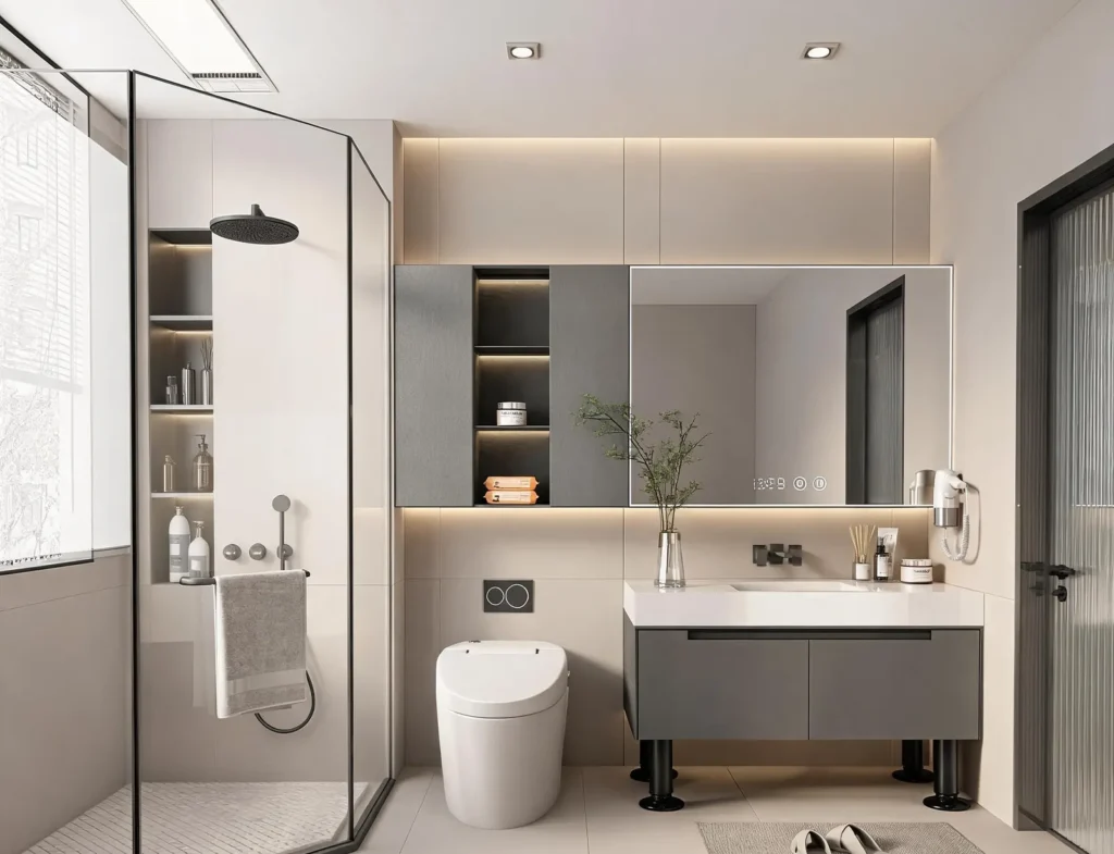 Modern minimalist aluminum bathroom vanity with clean lines and elegant finish