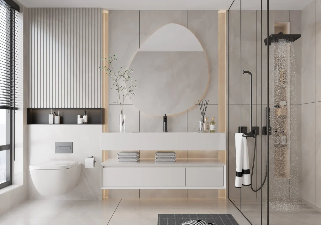 Modern aluminum bathroom vanity installed in hotel bathroom projects