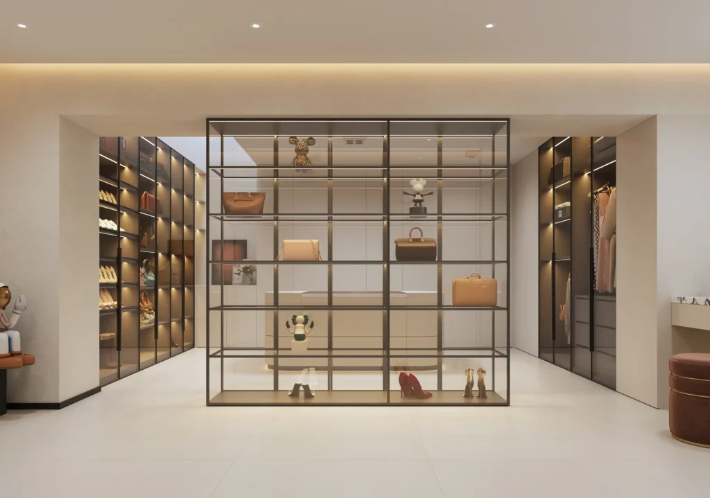 Custom aluminum wardrobe with flexible storage configurations for modern living
