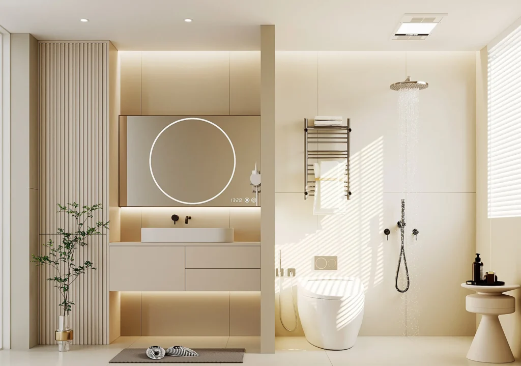 Modern aluminum bathroom vanity installed in a contemporary residential bathroom