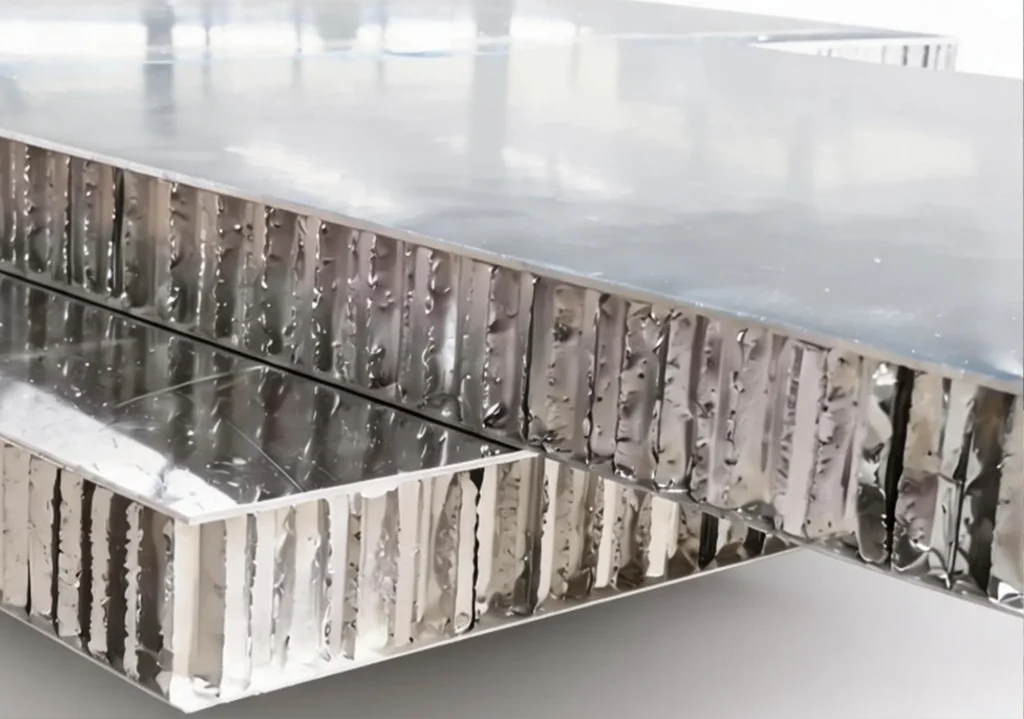 Aluminum honeycomb panel cross-section showing lightweight core structure for enhanced strength and stability