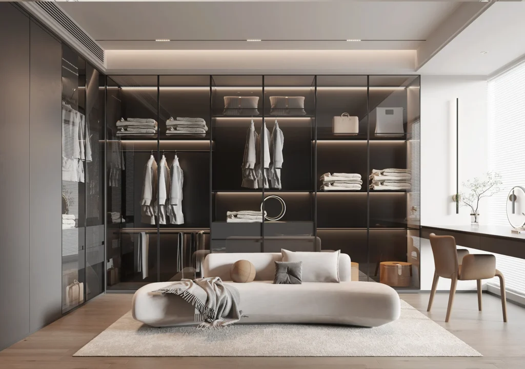 Aluminum wardrobe solutions for hotel guest room interiors