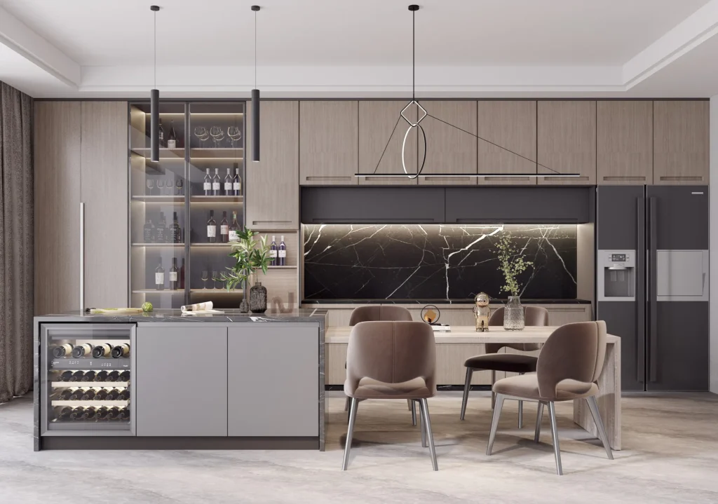 Modern aluminum kitchen island with integrated storage and functional workspace