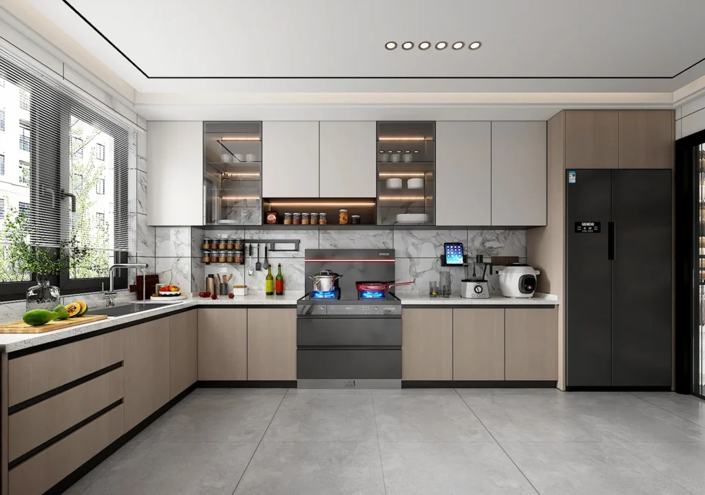 L-shaped aluminum kitchen cabinets maximizing storage and workspace