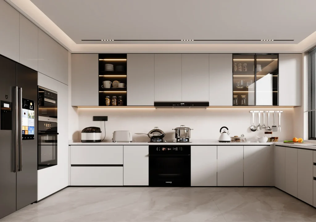 Modern aluminum kitchen cabinets with clean lines and contemporary design