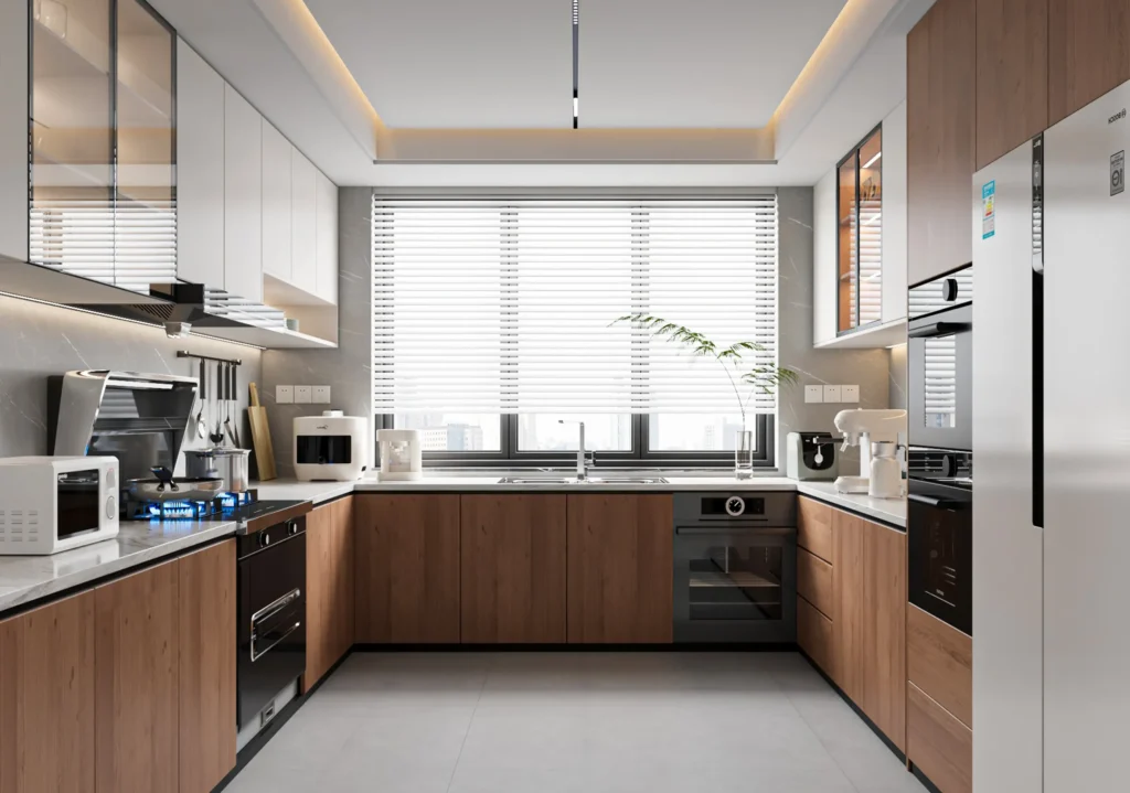 Custom U-shaped aluminum kitchen cabinets for efficient cooking spaces