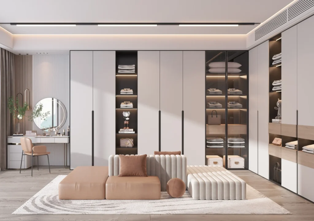 Custom walk-in aluminum wardrobe with spacious and organized storage solutions