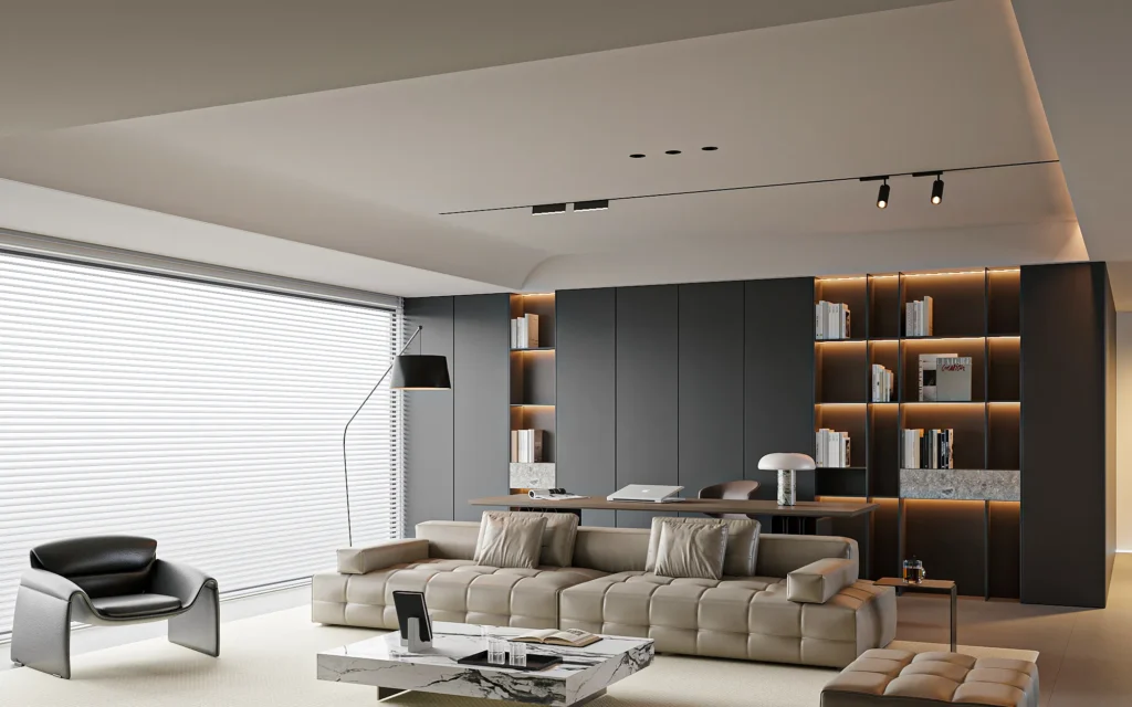 Modern living room featuring custom aluminum furniture solutions